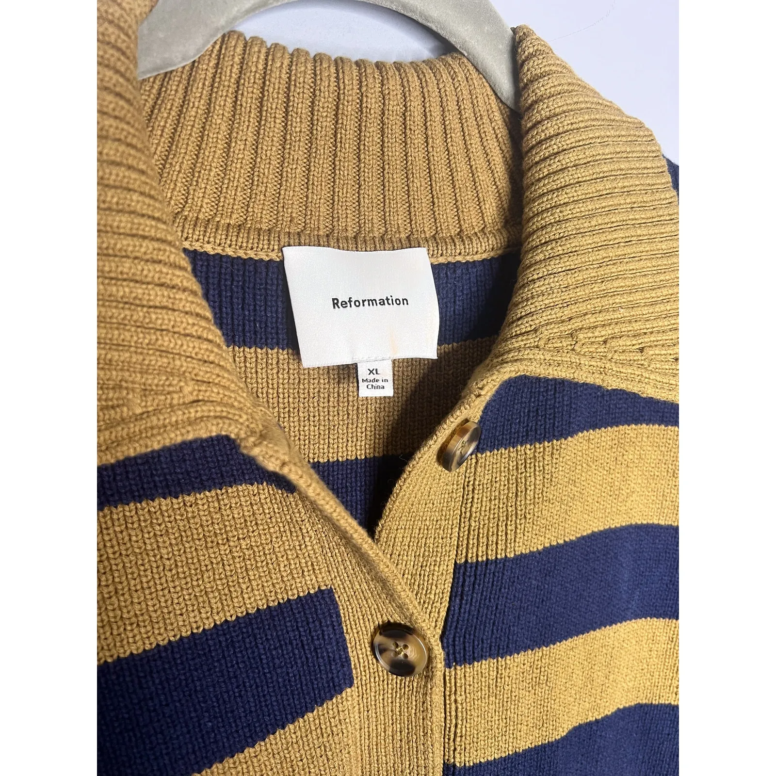 Reformation Brooklyn Cotton Polo Sweater Size XL Collared Navy Gold Stripe - Image 6