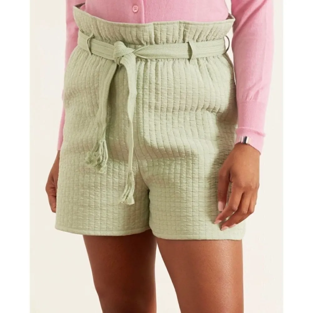 NEW Samsoe Quilted Ember High Rise Belted Paperbag Green Shorts‎ NWOT Size Large - Image 2
