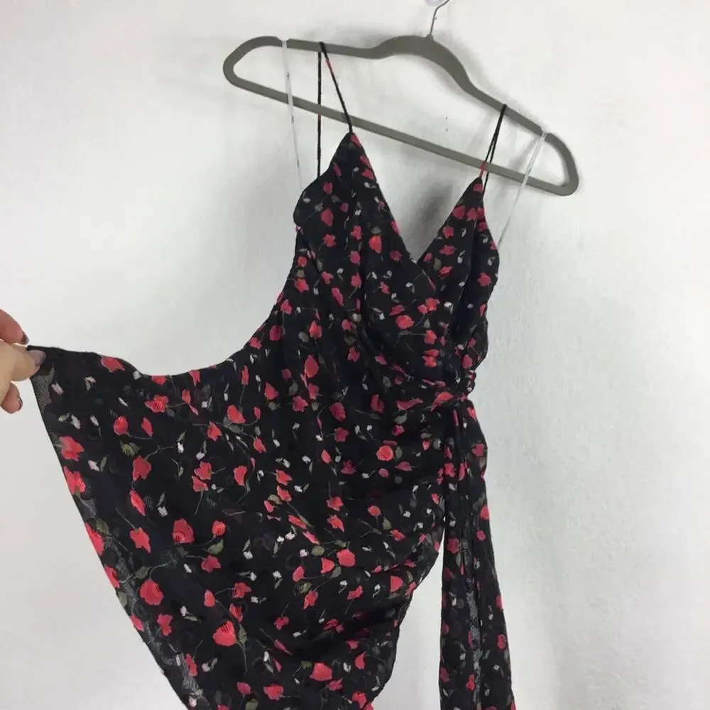 Lulus Got the Passion Black Floral Jacquard Lace-Up Ruched Mini Dress Small - Image 12