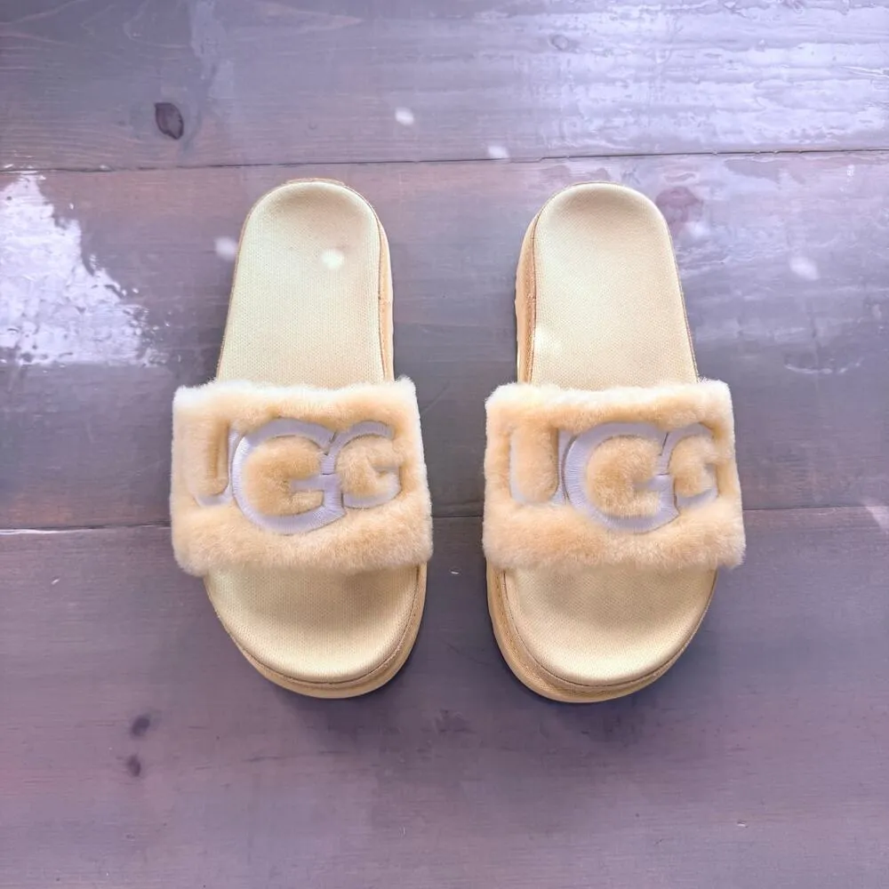 Ugg Yellow Laton Fur Slide Sz 9 - Image 4