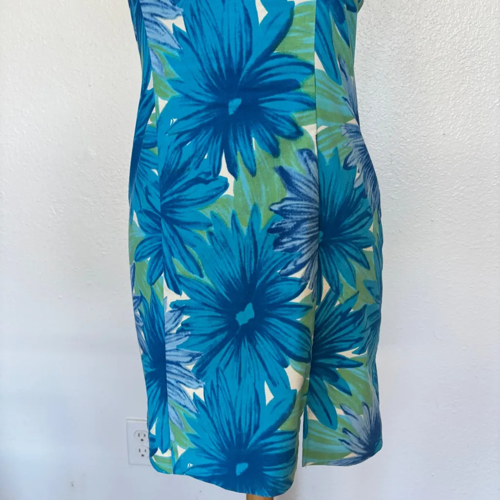 Vintage 90s Blue Floral Sleeveless Strappy Fitted Dress - Image 4