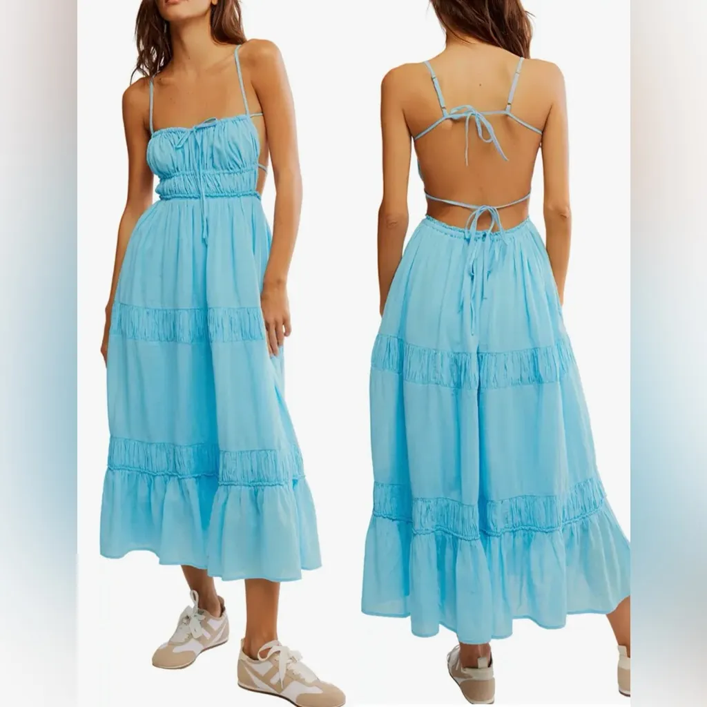 NEW FREE PEOPLE Taking Sides Tiered Cotton Maxi splash Blue Dress sz M - Image 2