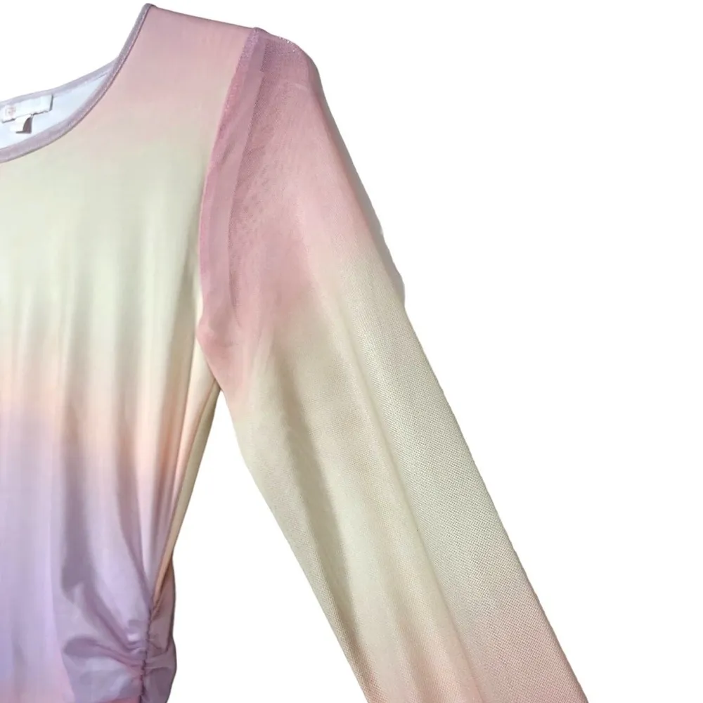 Gianni Bini Long Sleeve Ruched Ombre Mesh Midi Dress in Pastel Multicolor - Image 4