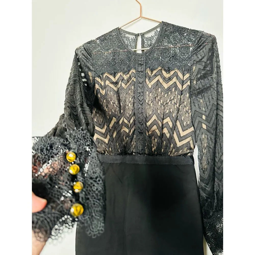 CATHERINE DEANE Black Button Front Noelle Lace Style Midi Dress Size US 4 - Image 6