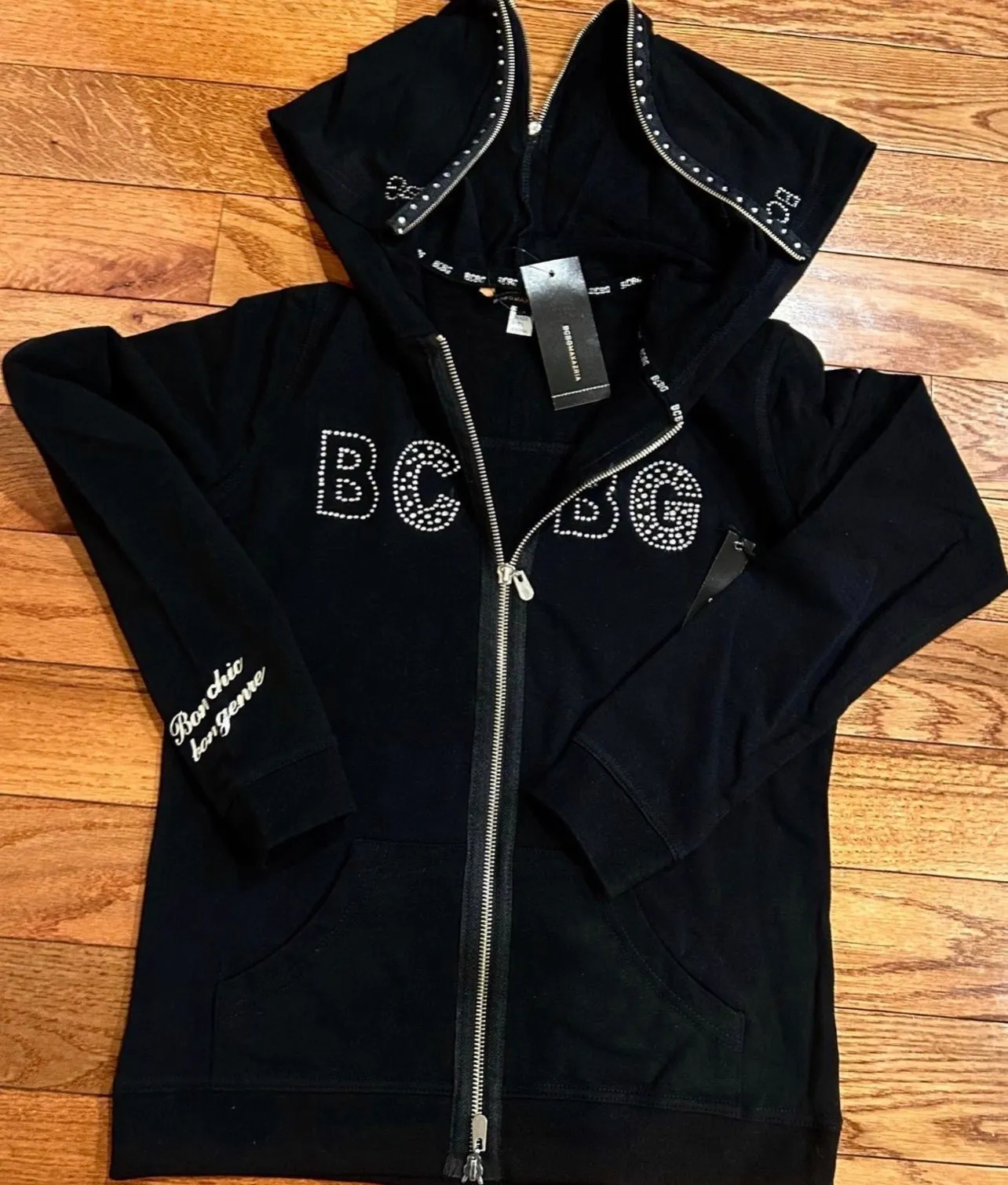 BCBG MaxAzria VTG Y2K black split Hood silver embellished rhinestone Tracksuit M Size M - Image 5