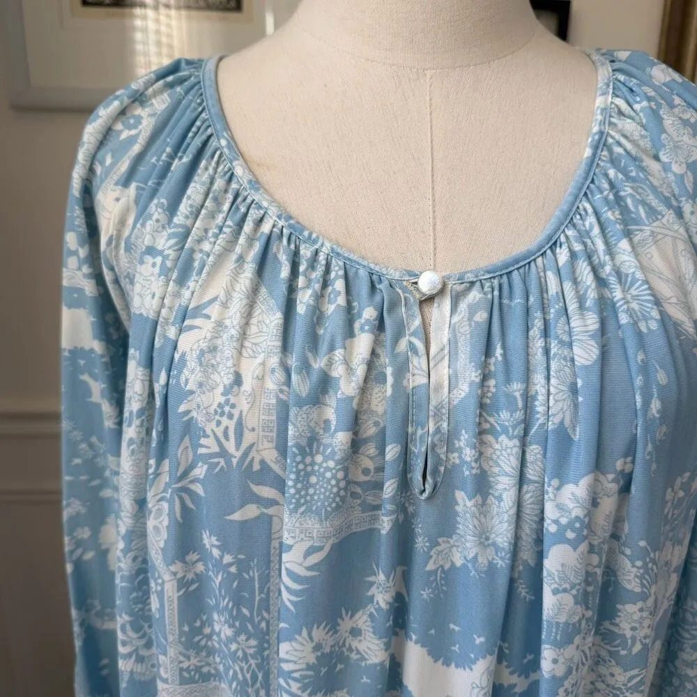 Vintage 70s Mistee Blue White Print Nylon Nightgown Maxi Dress USA M Size M - Image 3