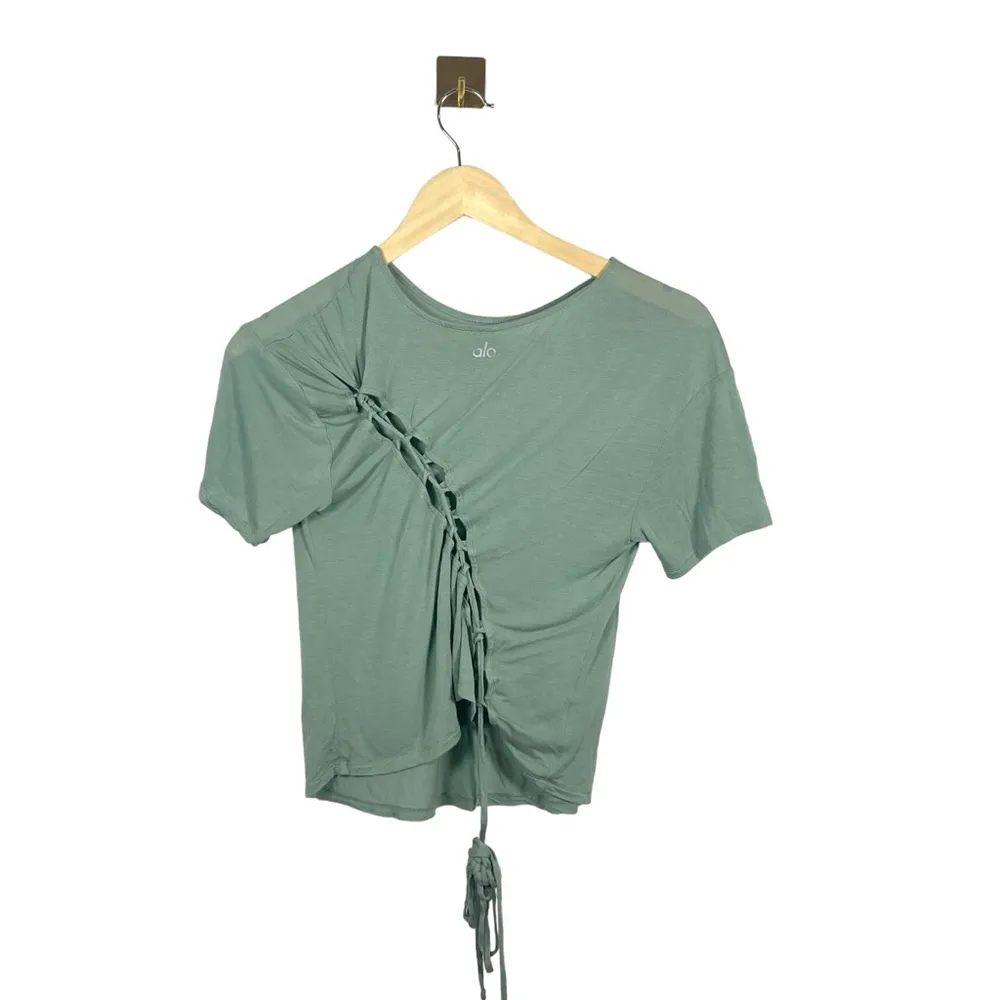 Alo Yoga Entwine Lace Back Short Sleeve Top in Sage Green OS - Image 7