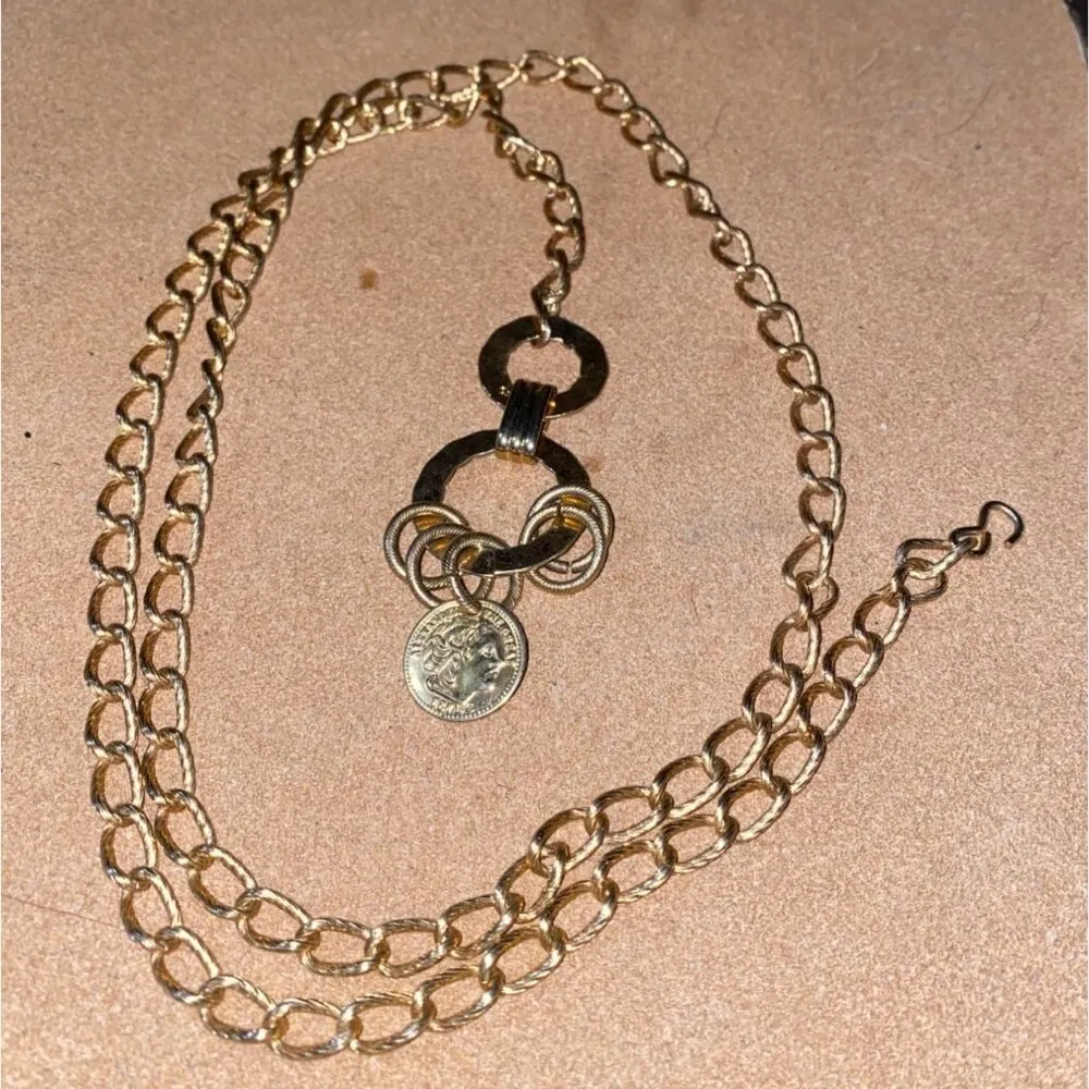 Chain Dangle Belt Vintage Gold Tone Pendant Ring Accents Adjustable Waist Size 38 - Image 3