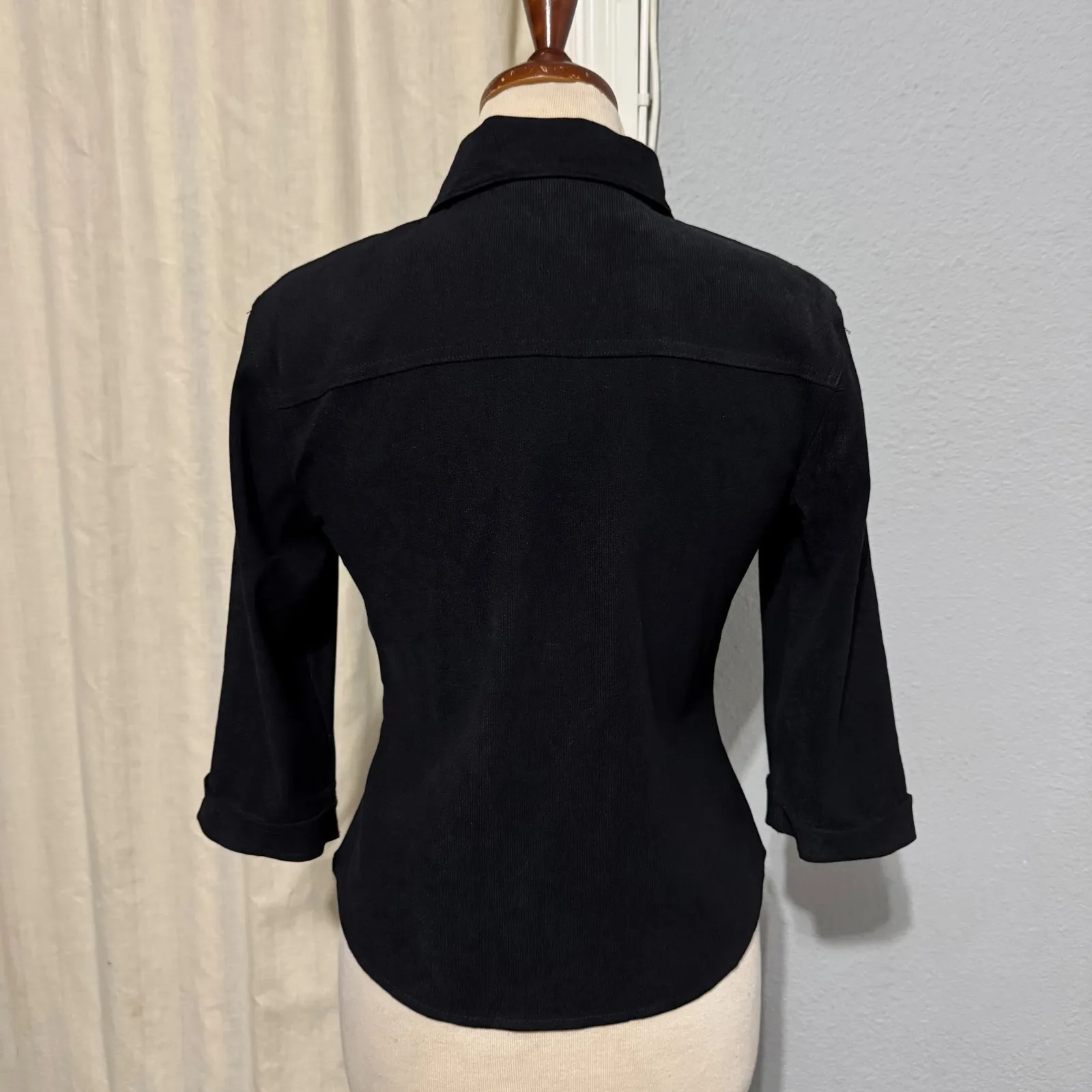 Aqua Blues Black Corduroy Button Up Collared 3/4 Sleeve Career Shirt Womens M Size M - Image 5