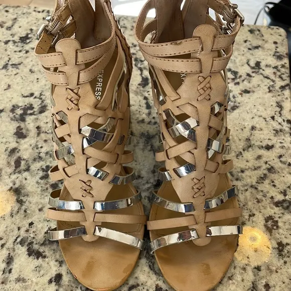 Light tan and silver gladiator style heeled sandals - Image 2