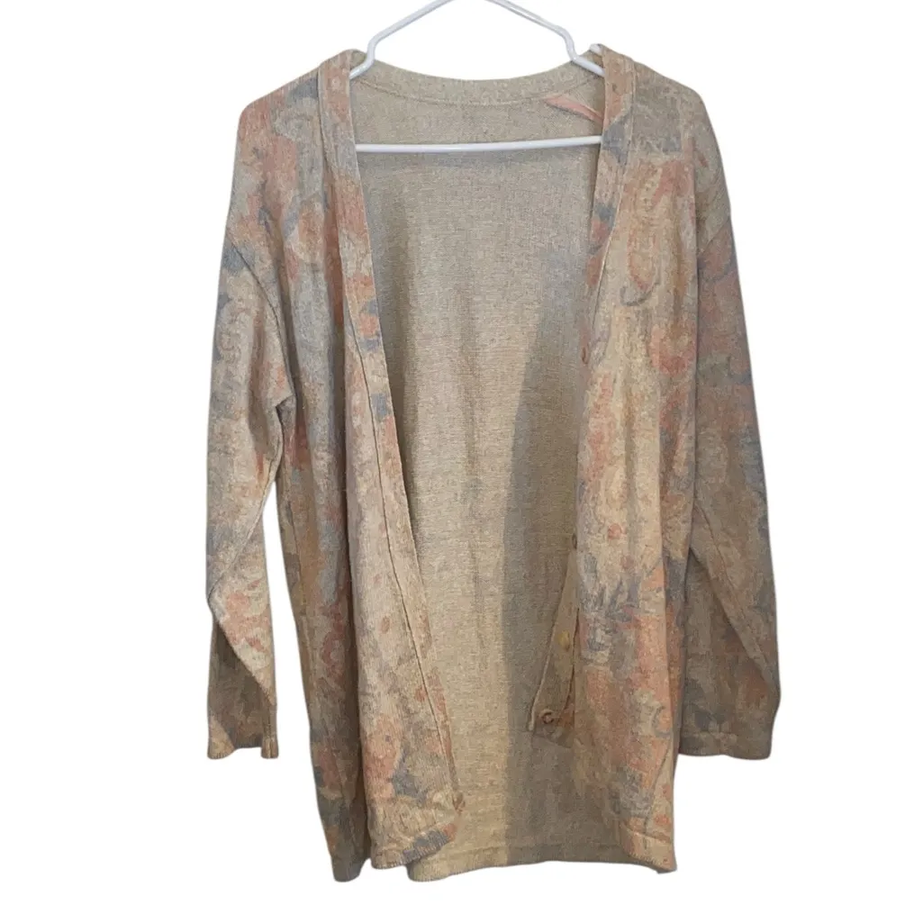 Vintage 90s Gabriella T Made In Italy Silk Angora wool Floral Paisley Cardigan Orange Size L - Image 2