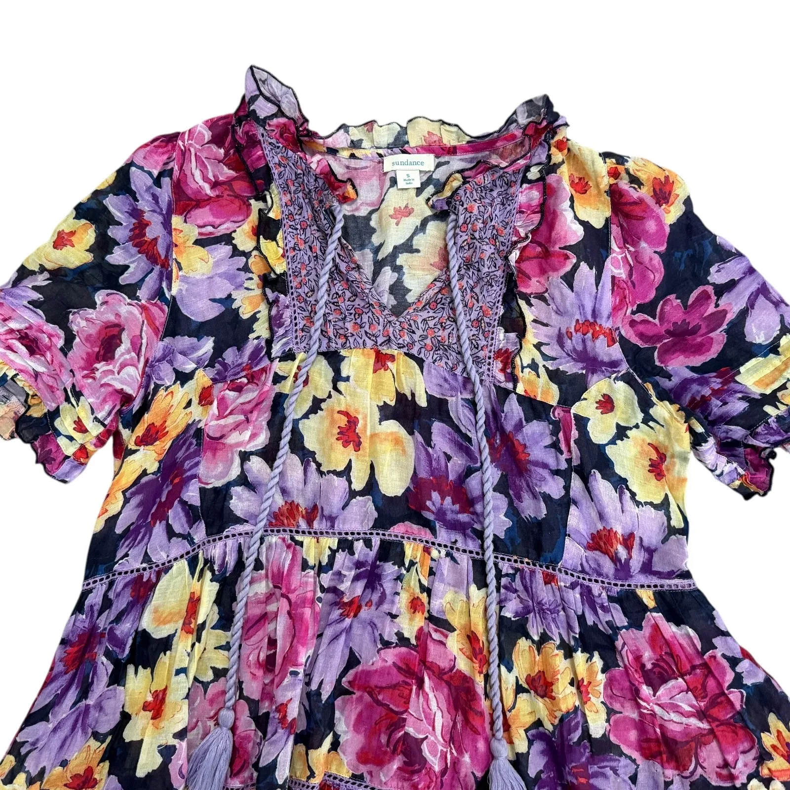 Sundance Fields of Beauty Tiered Floral Boho Peasant Dress Ruffle Purple Small - Image 3
