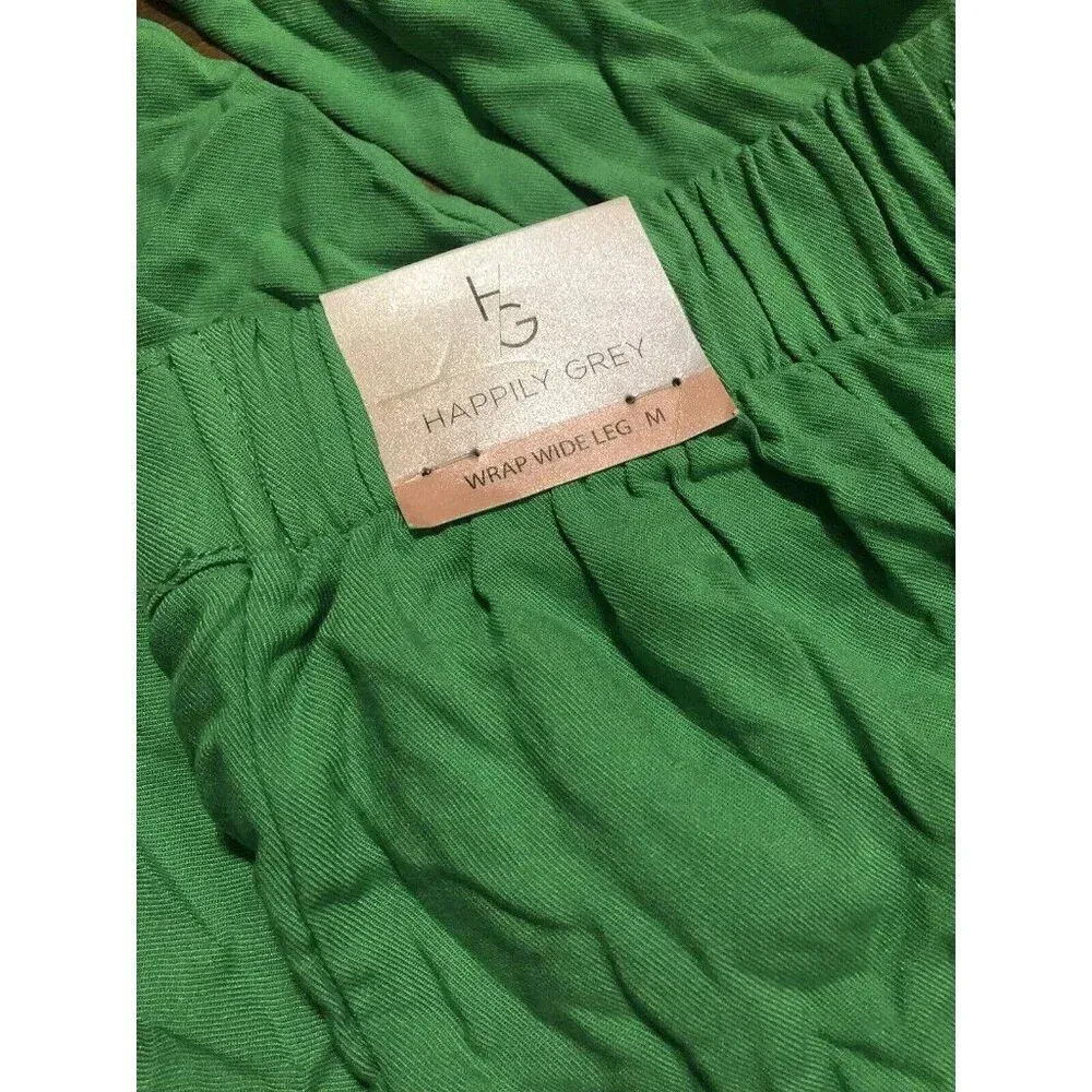 Women M Happily Grey Green Pants Flare Wide Leg Bell Bottom Gauzy High - Image 3