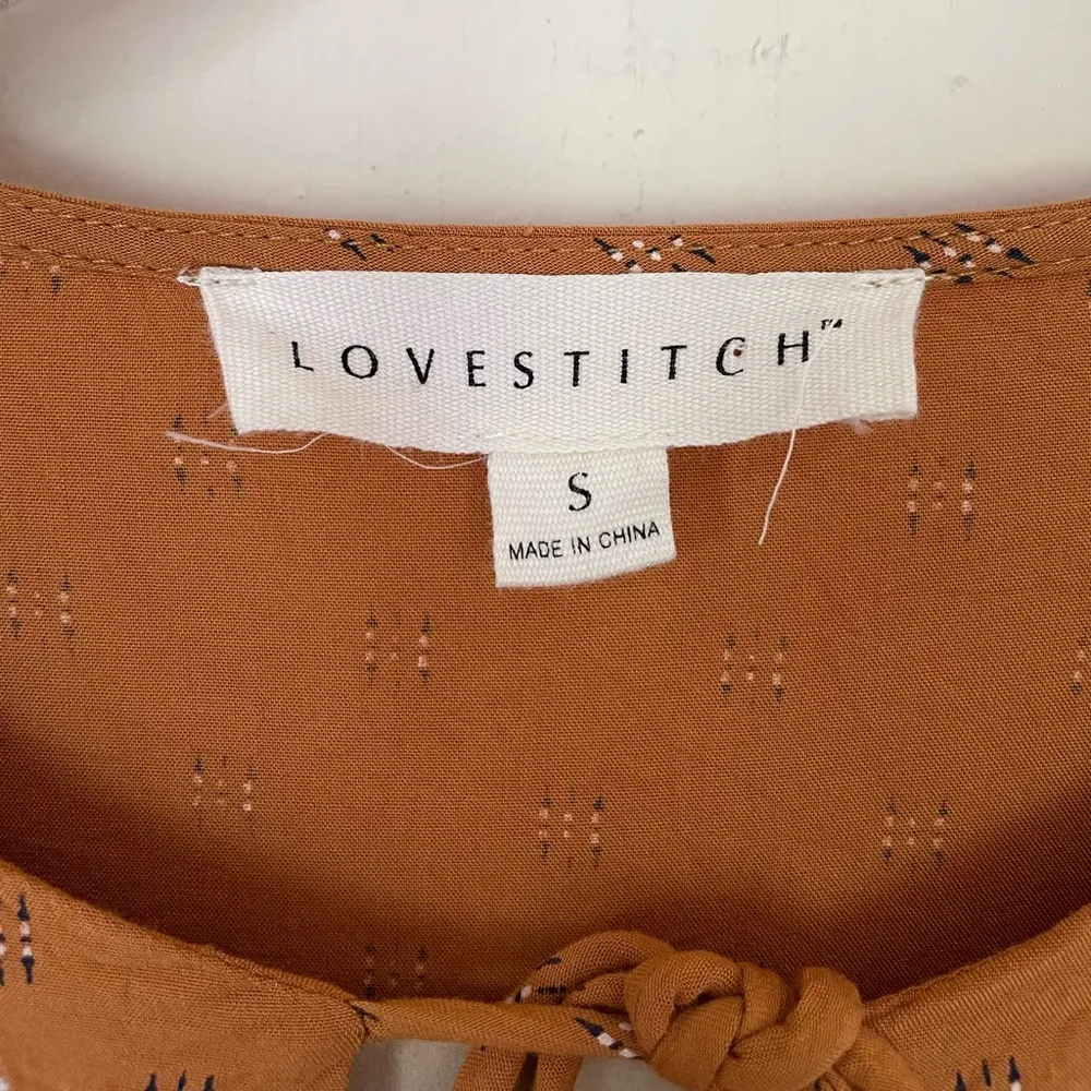 Love Stitch boho burnt yellow blouse ~ embroidered tie front ~ women’s size S - Image 3