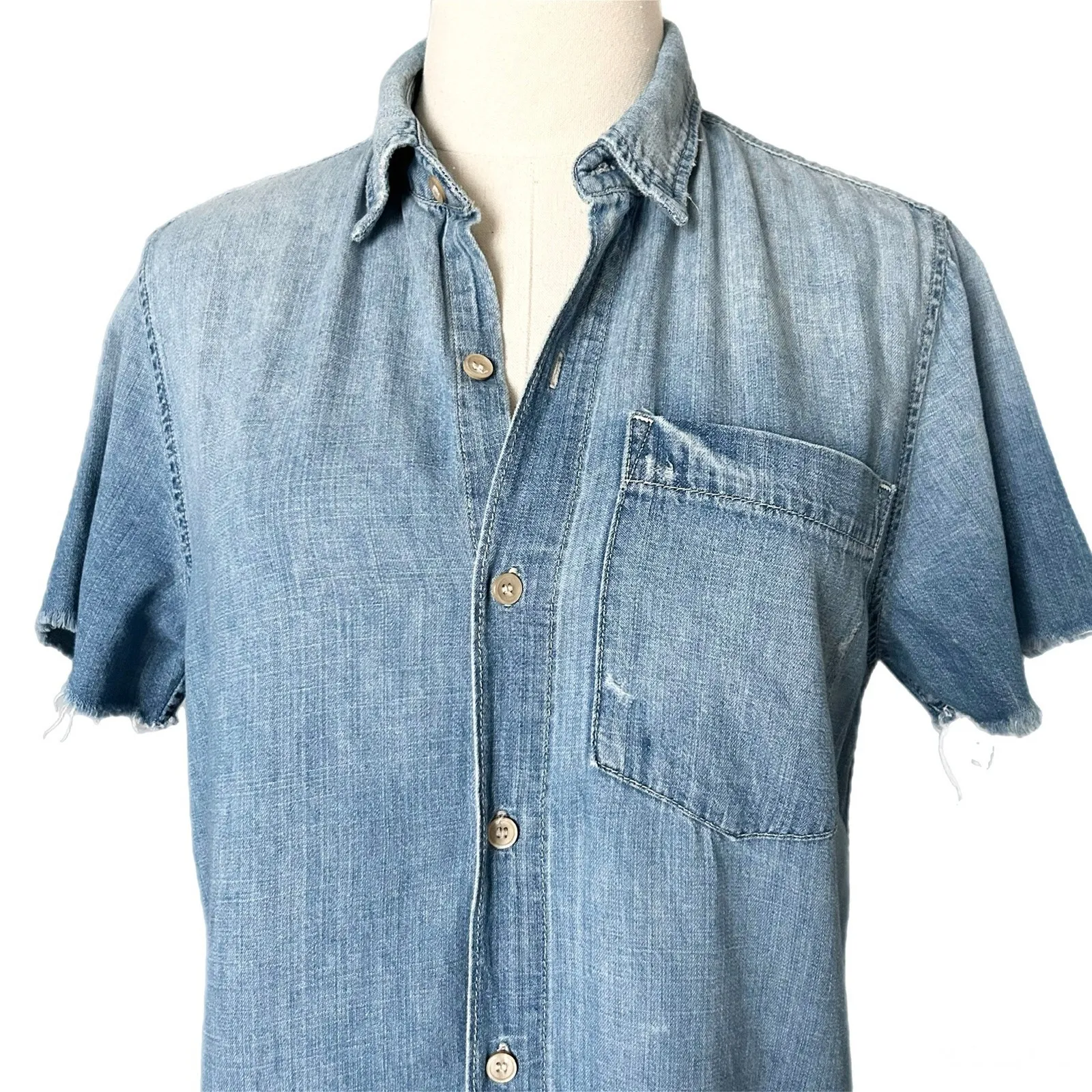 Mother Short Sleeve Frenchie Fray Dress in Cut & Run Denim Blue Size Small - Image 3