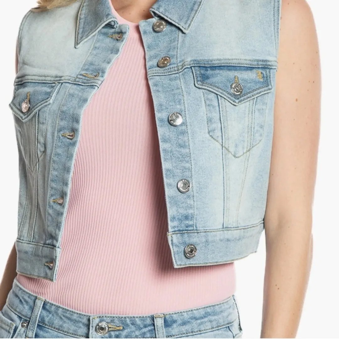 Juicy Couture Women’s XS Cropped Denim Vest Rhinestone Logo Y2K Biker Jacket - Image 2
