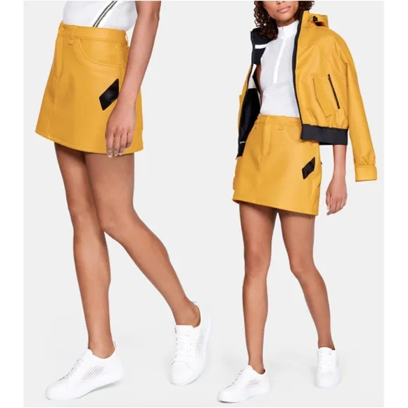 Under Armour UAS Rain Faux Leather Tennis Skirt Mustard Yellow 2 - Image 2