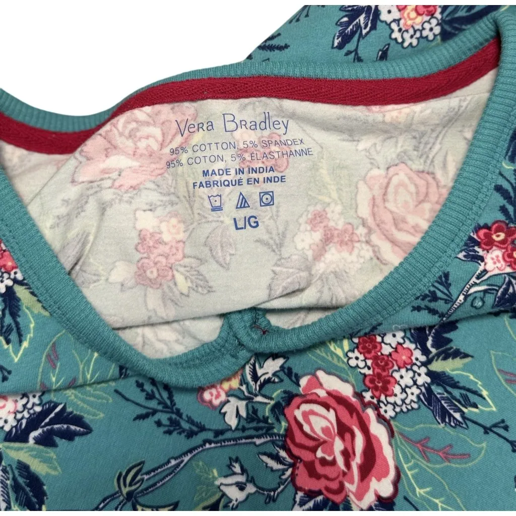Vera Bradley Size Large Woman Top Floral Long Sleeve Button Top Teal Pink - Image 6