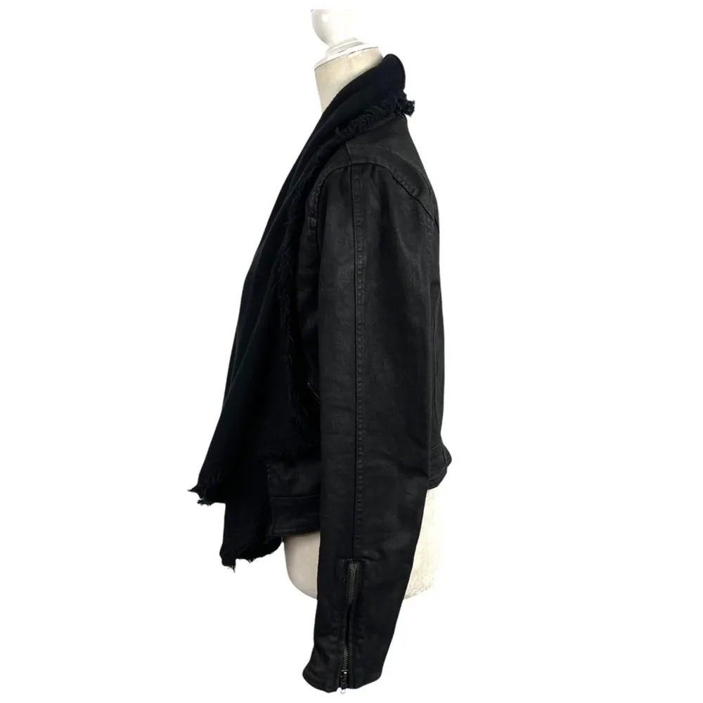Free People Drape Front Coated Waxed Denim Moto Cropped Jacket Black Zip Cuffs 4 - Image 8