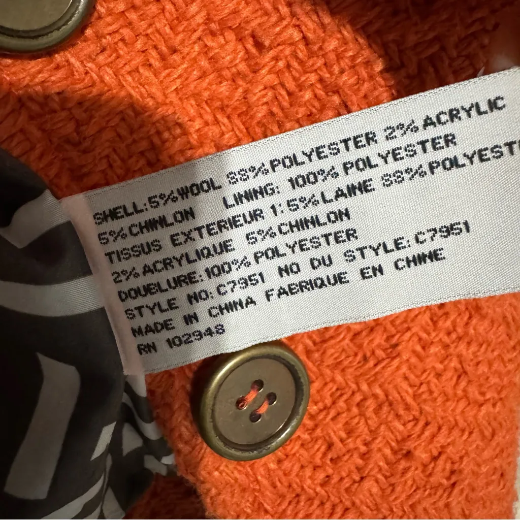 Tulle Women‎ Anthropologie Orange Textured Patterned High Neck Buttondown Coat S - Image 14