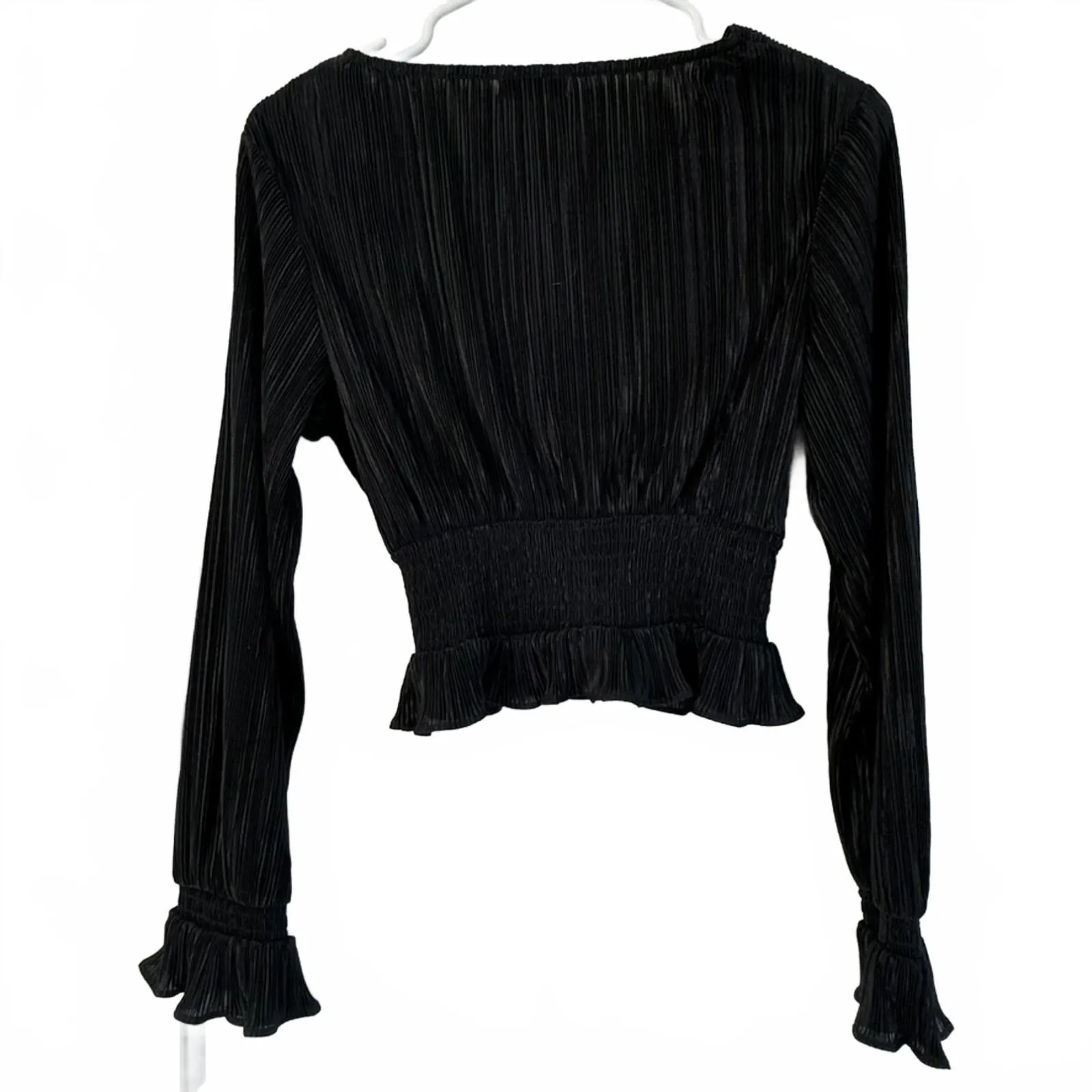 Leith Plisse Smocked Crop Long Sleeve Top Black XS - Image 3