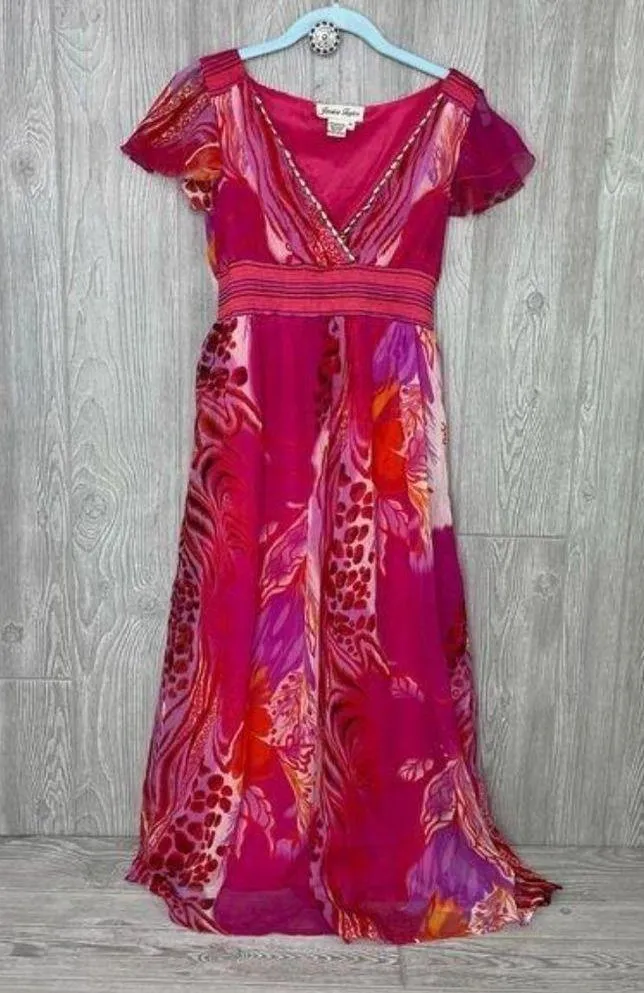 Jessica Taylor floral beaded low cut v neck maxi dress size med sundress beachy Pink - Image 4