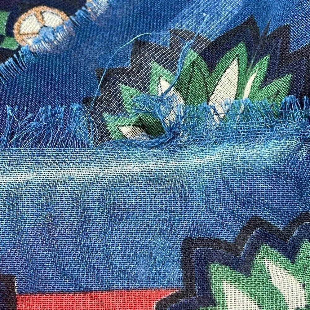 Women's Italian Scarf Kaleidoscope Floral Large Blue Red Green Fringe 52 X 54 - Image 7