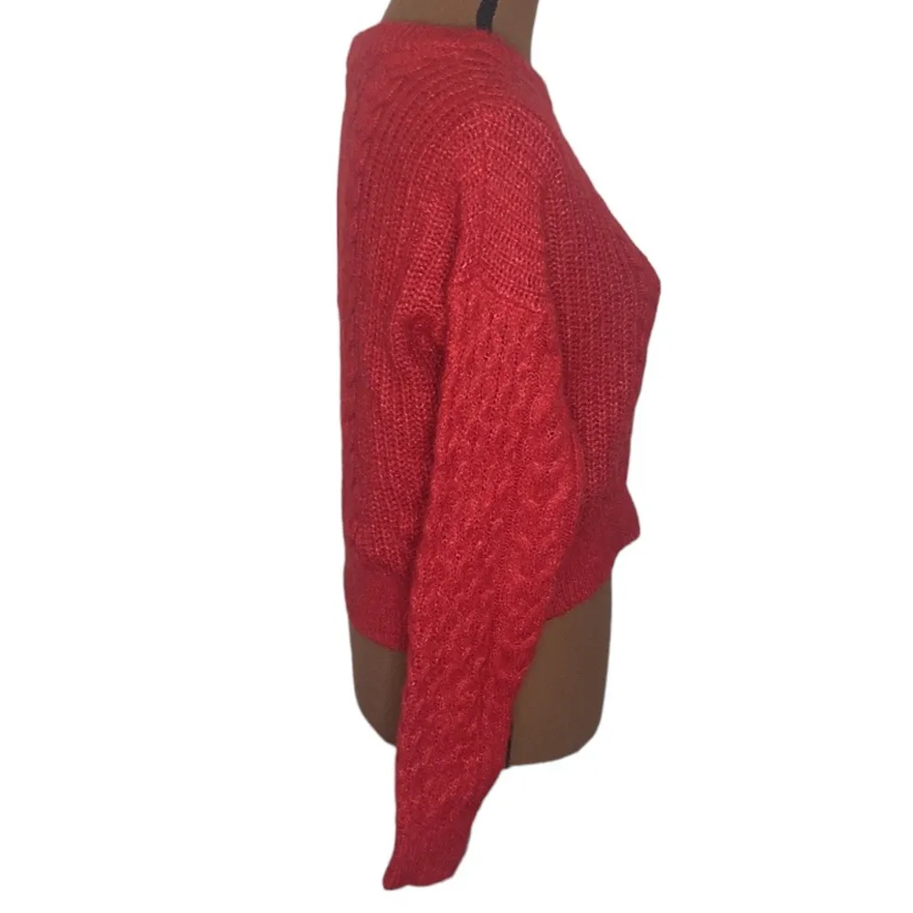 red cable knit alpaca wool blend cropped Crewneck sweater S - Image 3