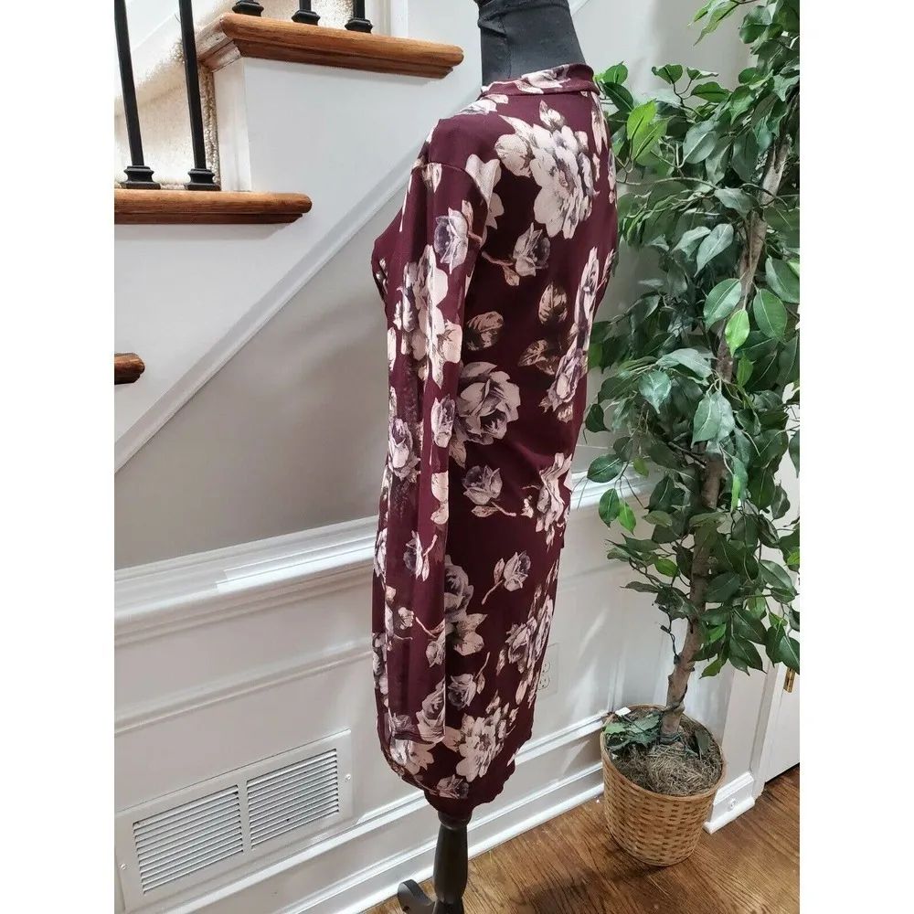 Windsor Women Maroon Floral Polyester Mock Neck Long Sleeve Knee Length Dress L - Image 5
