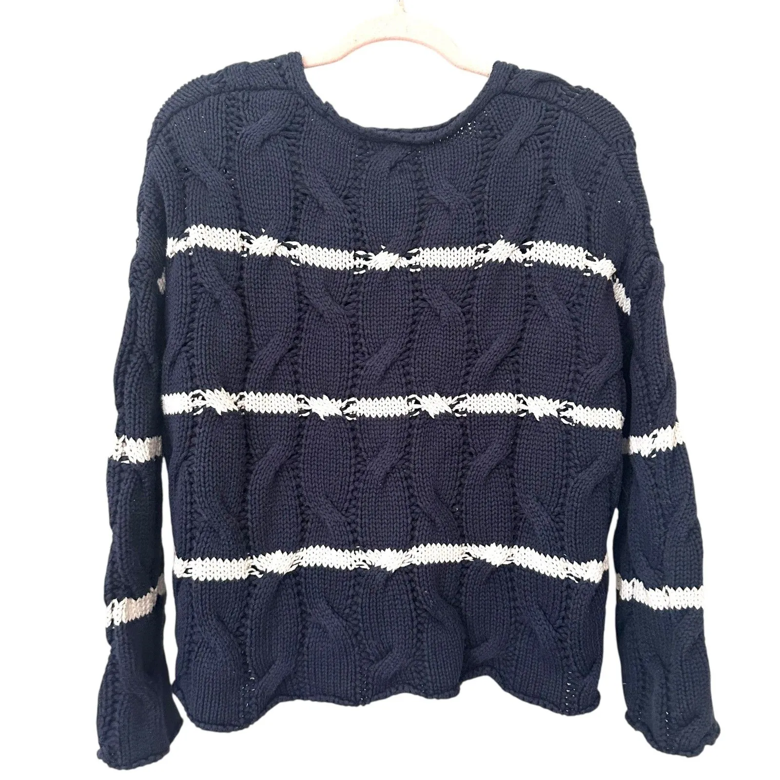 ZARA Cable Knit V-Neck Striped Sweater Blue/White Medium - Image 2