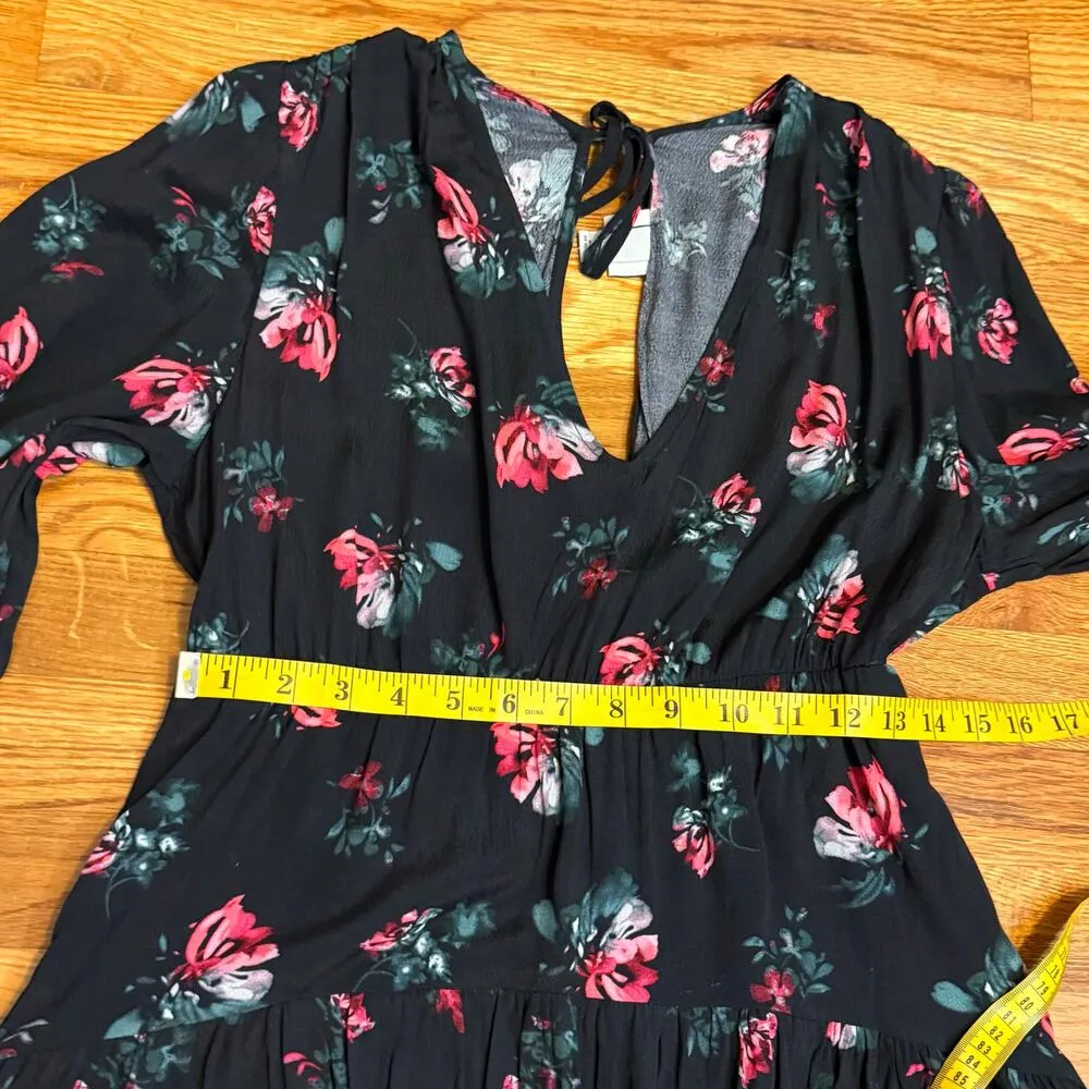 A New Day Womens XS Black Pink Floral Print V-neck Long Sleeve Midi Dress Spring - Image 5