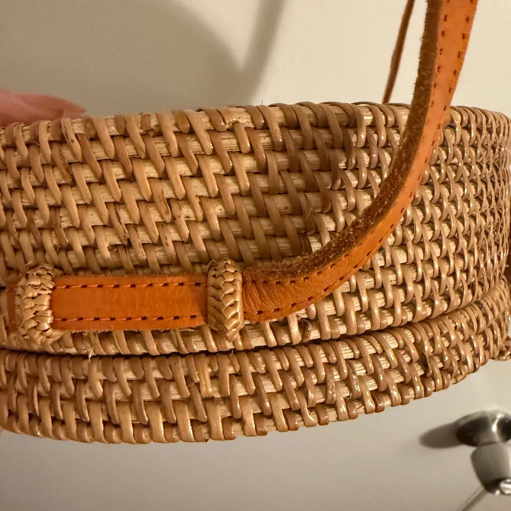 Bali Island Round Woven Rattan Bag with Floral Design Brown - Image 9