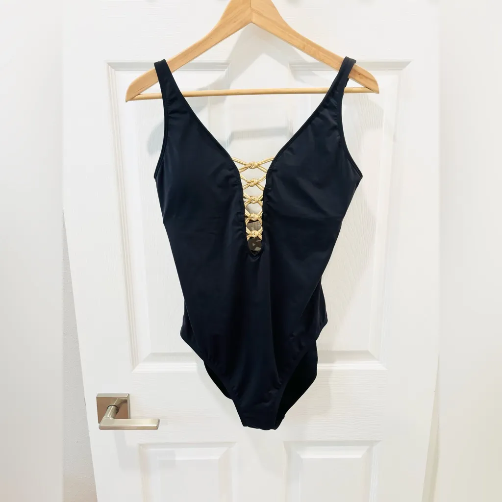Bleu Rod Beattie Black One-Piece Swimsuit with Gold Accents size Medium - Image 4