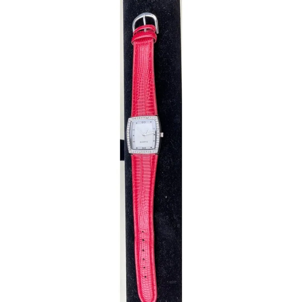 Singapore Movement Women's Watch Clear stone and Red Band SKU 6138 - Image 3