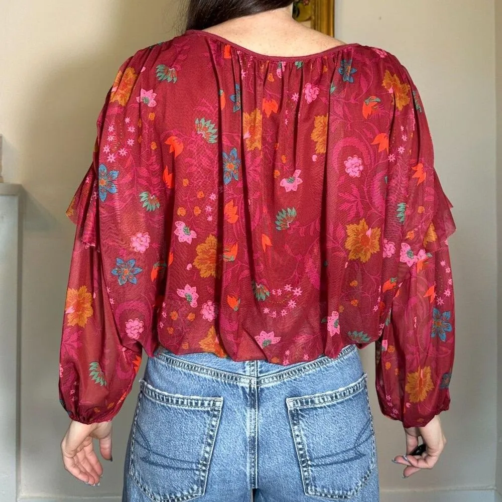 Free People Red Boho Longsleeve Blouse Size Small - Image 2