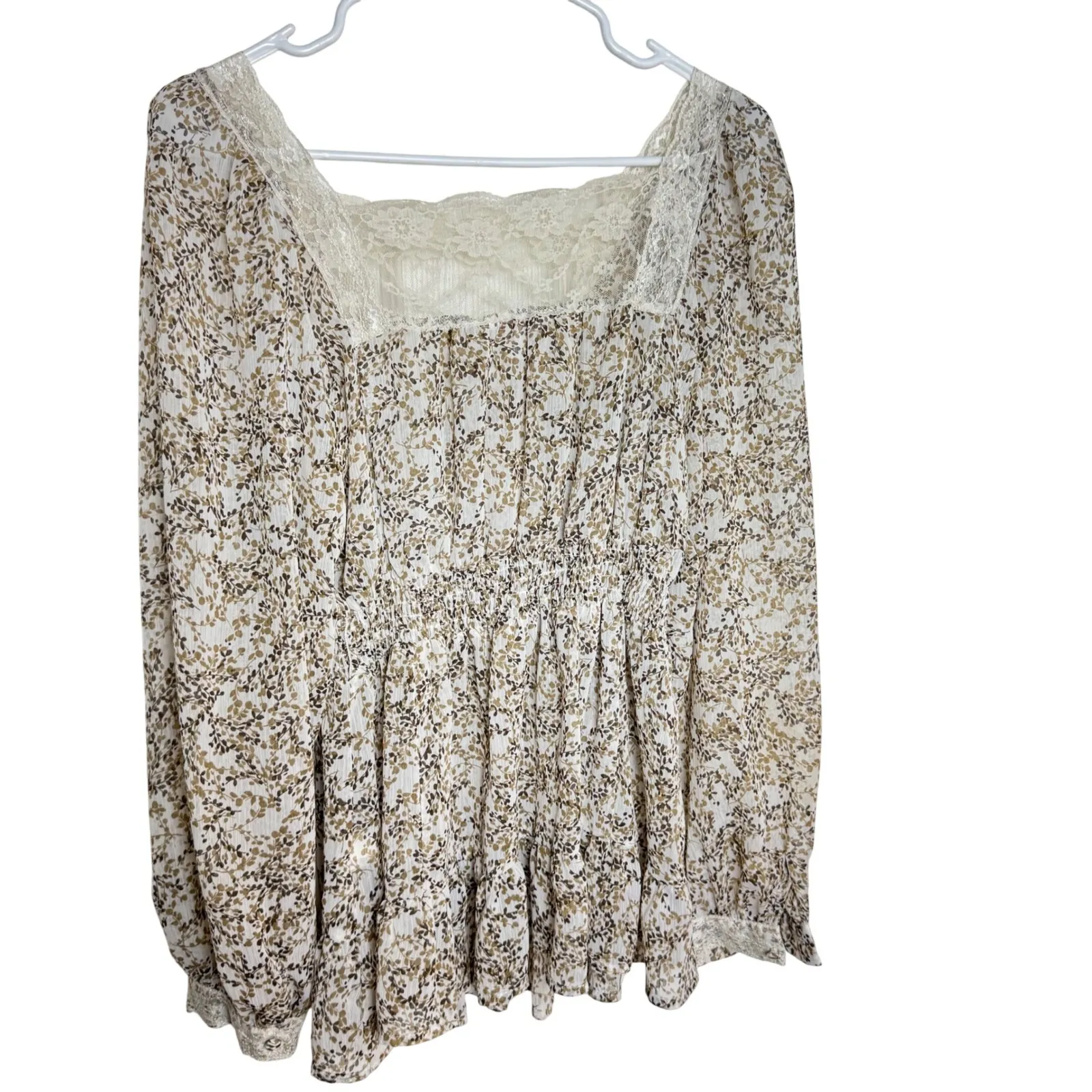 Candies Y2K Long Sleeve Floral Lace Square Neck Smocked Waist Blouse Top L White Size L - Image 5