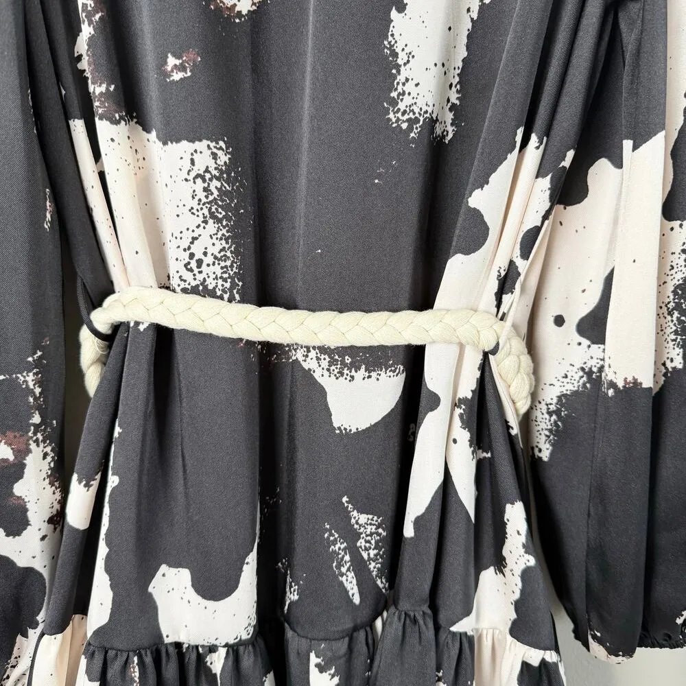 Alexis‎ x Target Long Sleeve Rope Belt Tiered Mini Dress Black White Print, Sz M Size M - Image 15