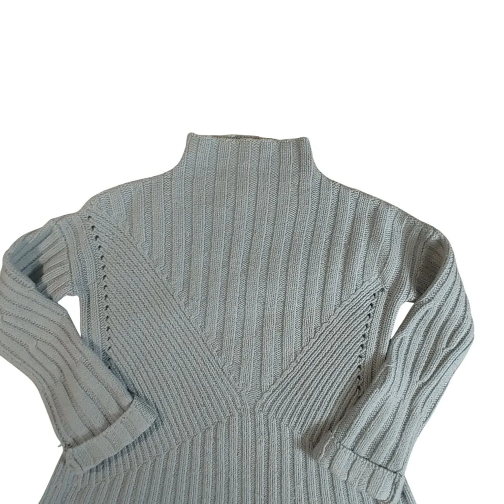 Hand Knit Sweater Pullover Tequila Solo Gray Merino Wool Ribbed Knit Mock Neck Blue Size M - Image 15