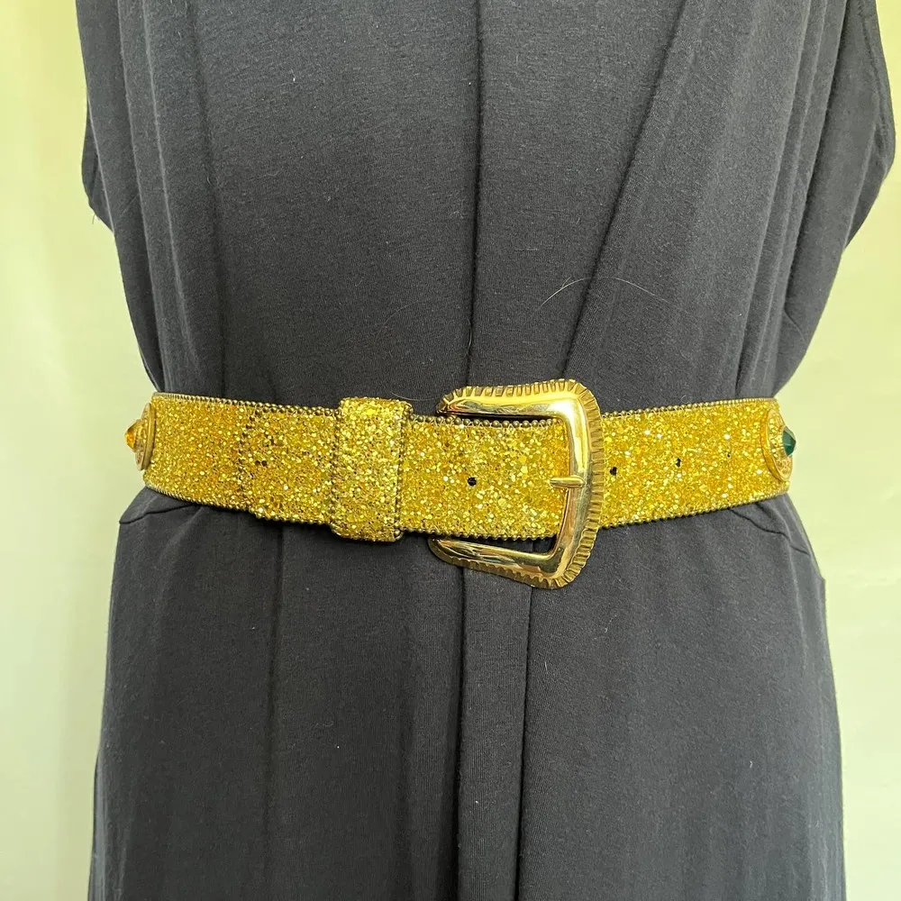 Glittery Gold Womens Belt Size Small Jewel Medallions Large Gold Buckle 1.75" - Image 13