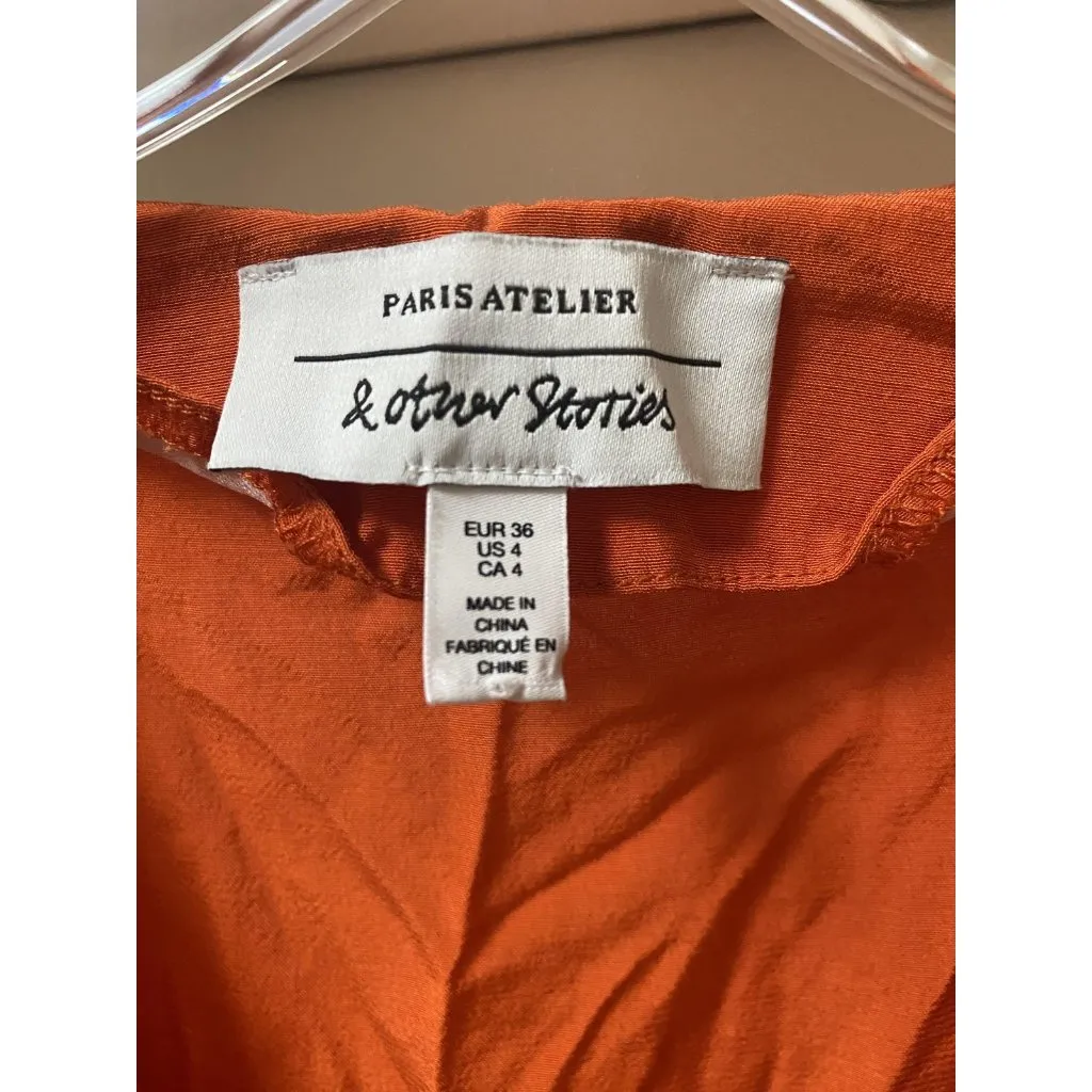& Other Stories Dress Womens 4 Burnt Orange Midi V Neck 3/4 Sleeve Paris Atelier - Image 3