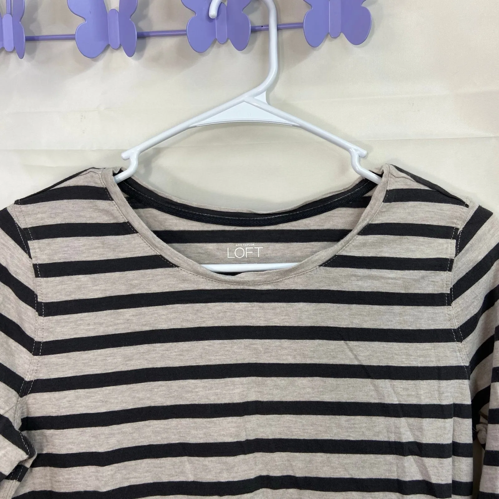 Ann Taylor LOFT women's beige gray striped long sleeve casual cotton shirt‎ M - Image 6