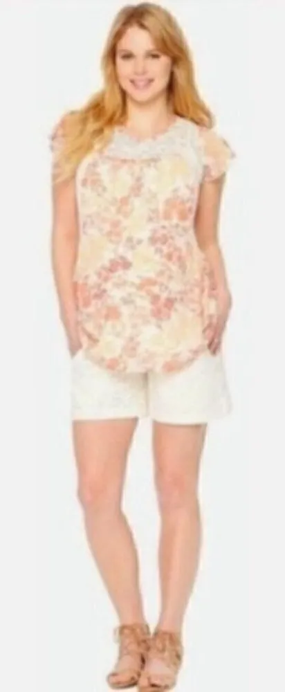 Motherhood Maternity Shirt S Flutter Sleeve Lace Panels Floral - Image 2