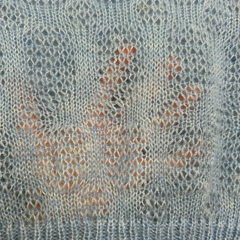 Zara| Light Blue Open Knit Sweater Wool Blend with Feathers sz small - Image 6