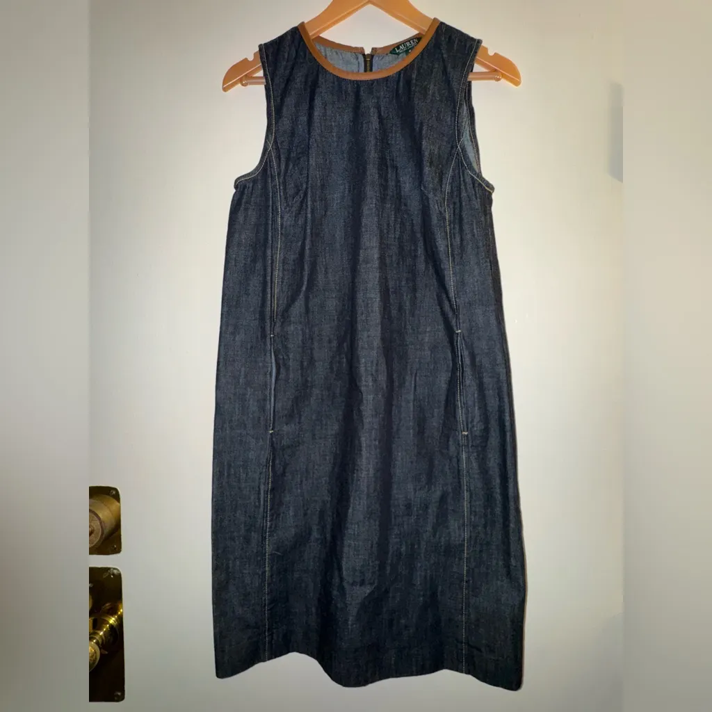 Lauren Ralph Lauren Dark Blue Denim Leather Trim Sleeveless Sheath Dress Size 8 - Image 2