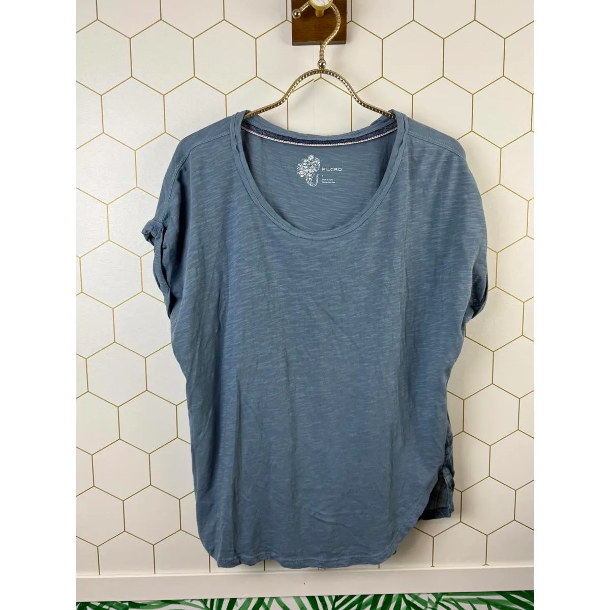 Pilcro Blue Mixed Media Blue Plaid Short Sleeve Cuffed T-Shirt - Size - Small - Image 8