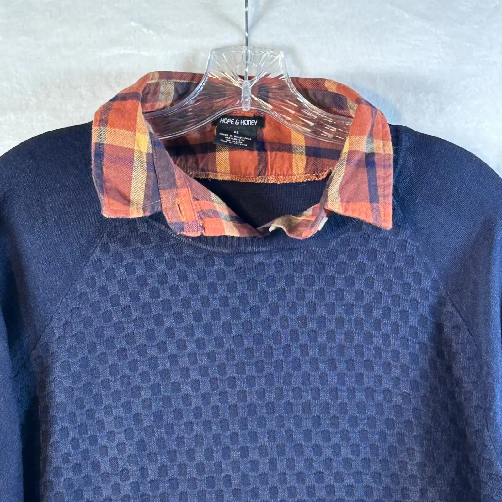 HOPE & HONEY Women's Navy Blue Plaid Layered Sweater Top Size PL - Image 2