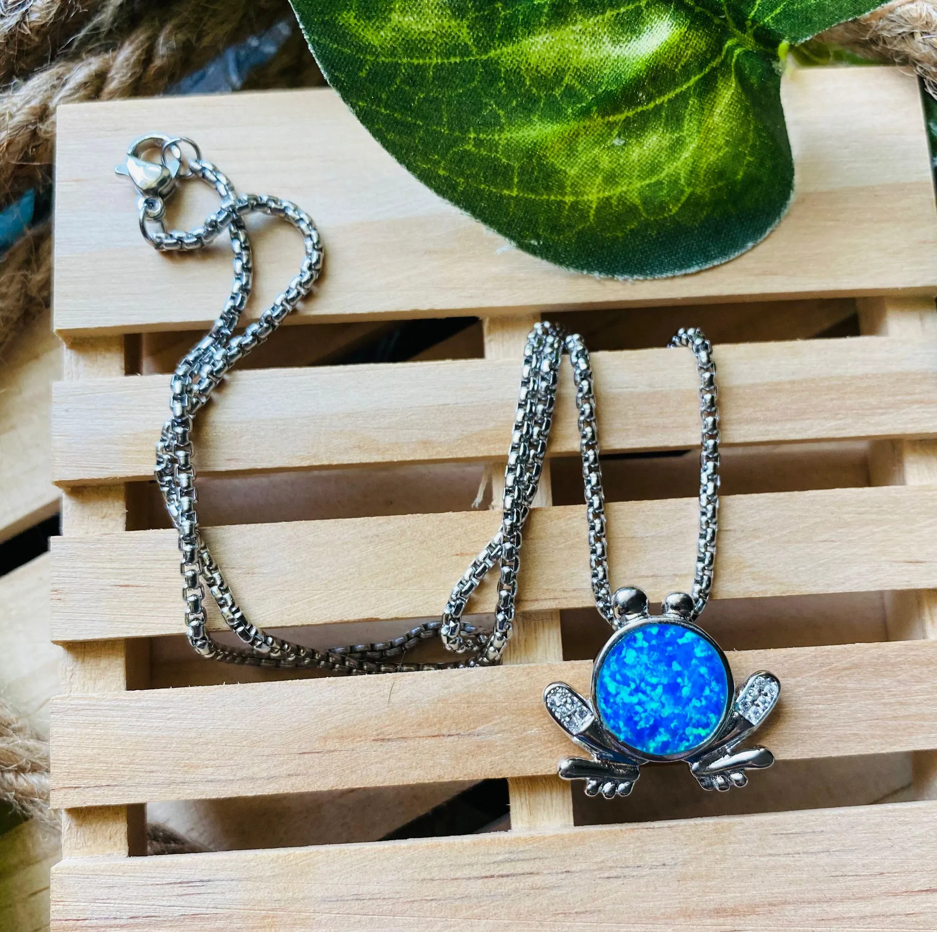 Sterling Silver Blue Opal CZ Frog Necklace - Image 2