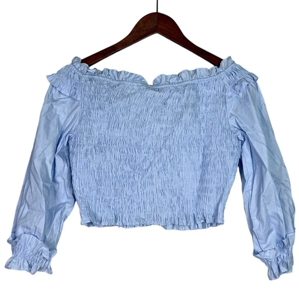 ZARA Smocked Off The Shoulder V Neck Crop Top Ruffle Puff Long Sleeves L Blue - Image 7