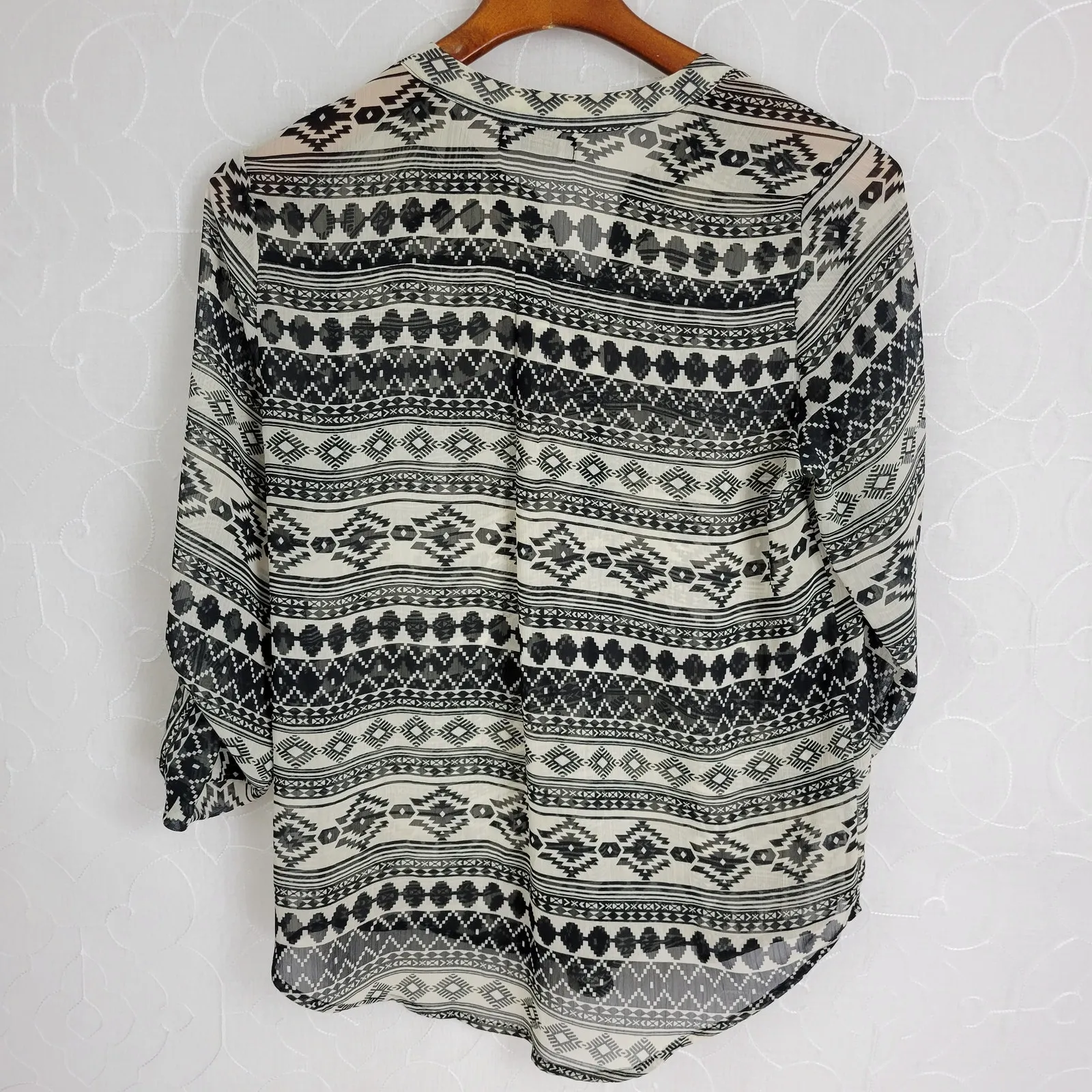 About A Girl Womens Blouse Size Medium Black Bohemian Pattern Button Down Sheer - Image 2