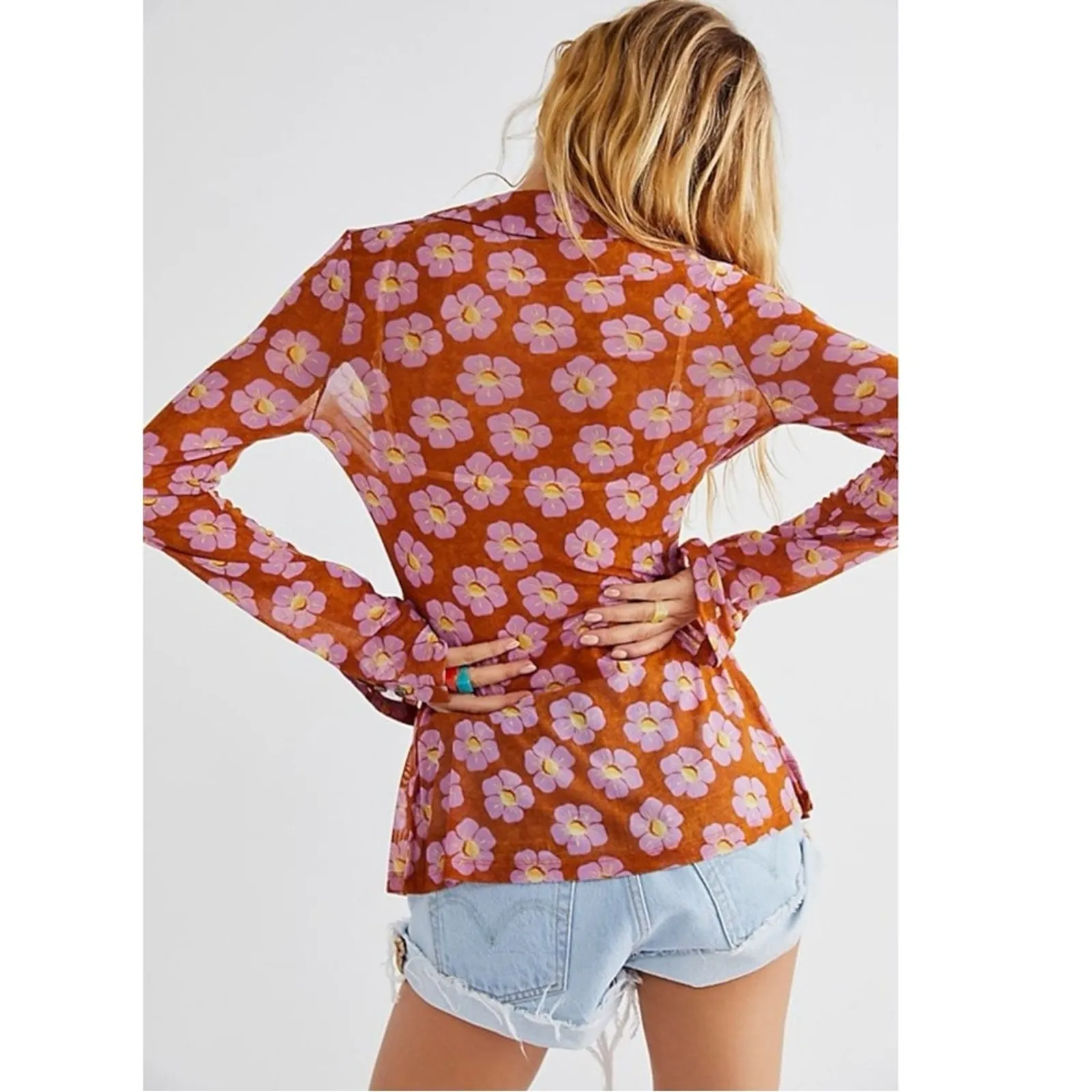 Free People Lucky Shirtee Floral Button Up Shirt Coffee Sheer Mesh 70s XS NWT - Image 3